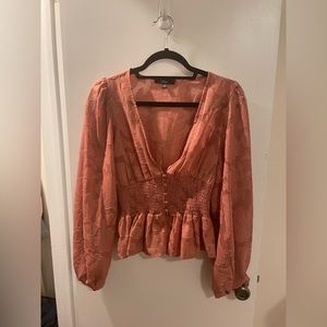 Rusty Rose Floral Jacquard Button-Up Long Sleeve Top